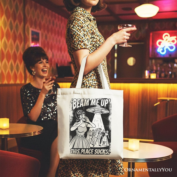 UFO Meme Beam Me Up This Place Sucks Canvas Tote Bag, Cynical Woman Alien Abduction Retro Comic Gift Shopper Tote Bag OrnamentallyYou 