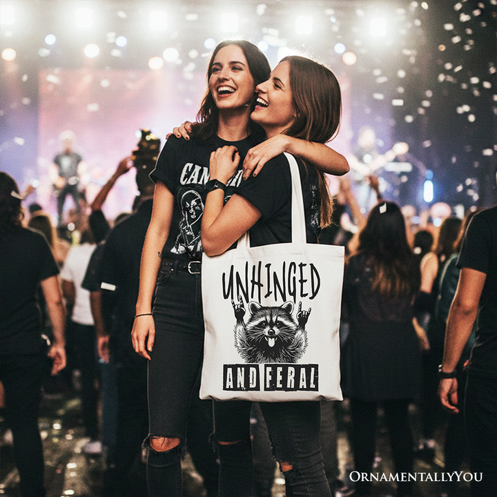 Unhinged and Feral Raccoon Canvas Tote Bag, Funny Rock Hands Gift Shopper for Wild People