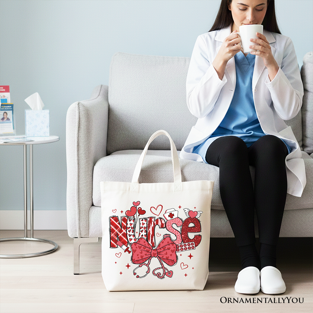 Valentine Nurse Coquette Bow Canvas Tote Bag, Cupid Favorite Nurse Work Shopper