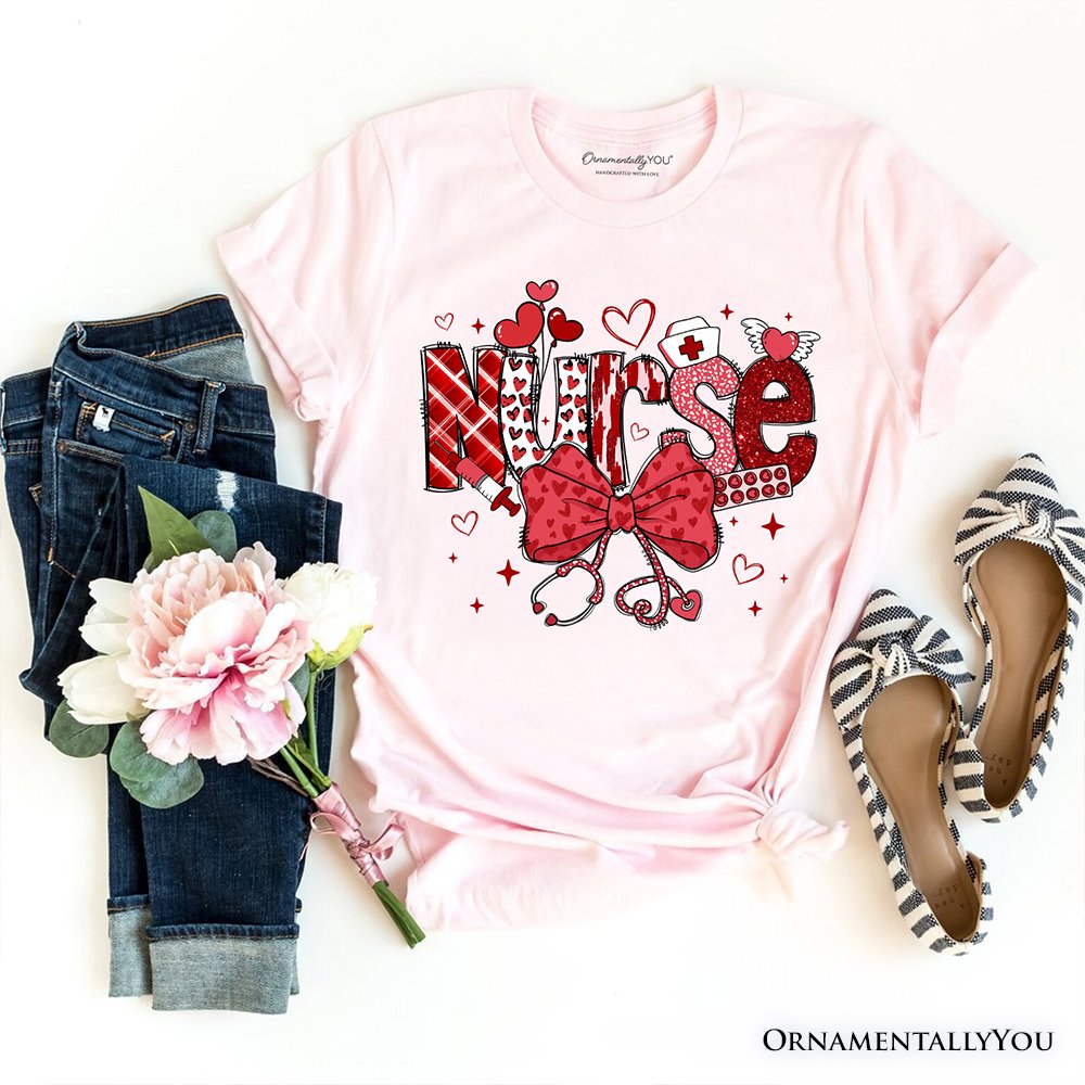 Valentine Nurse Coquette Bow T-Shirt, Cupid Favorite Nurse Tee T-Shirts OrnamentallyYou Soft Pink XS 
