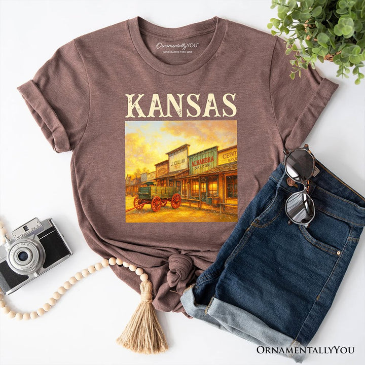 Vintage Kansas State Dodge City Boot Hill Street Scene T-Shirt, Wild West Tee and Frontier Souvenir T-Shirts OrnamentallyYou Vintage Brwon XS 