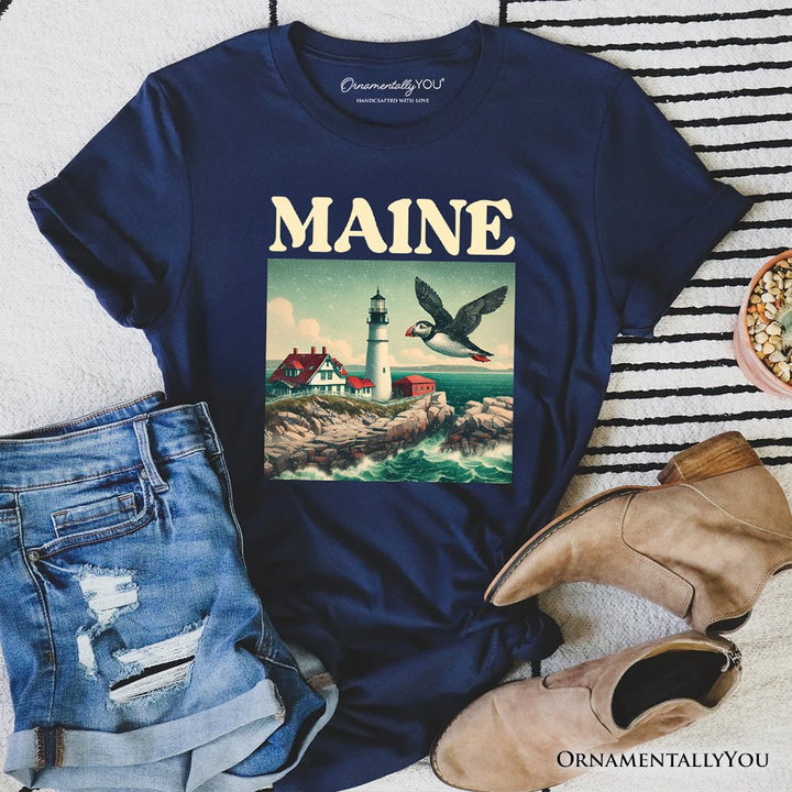 Vintage Maine State Lighthouse and Puffin T-Shirt, New England Coastal Tee and Seaside Souvenir T-Shirts OrnamentallyYou Navy XS 