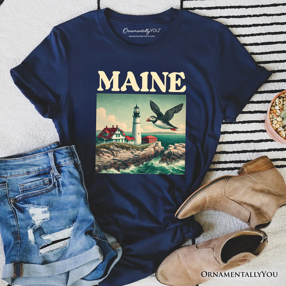 Vintage Maine State Lighthouse and Puffin T-Shirt, New England Coastal Tee and Seaside Souvenir