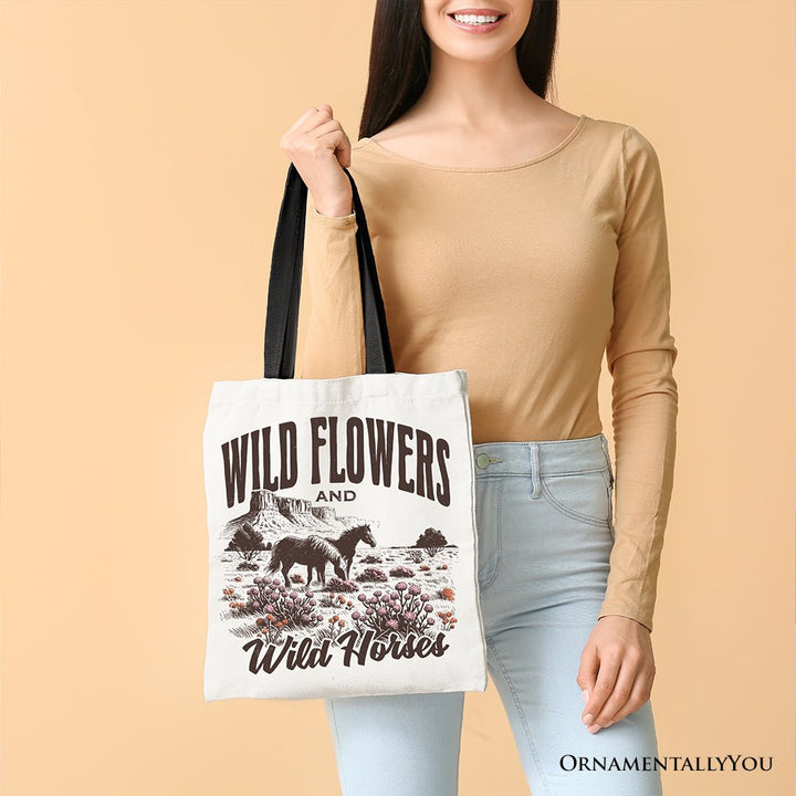 Wild Flowers and Wild Horses Canvas Tote Bag, Retro Western Gift for Free-Spirited Women Tote Bag OrnamentallyYou 