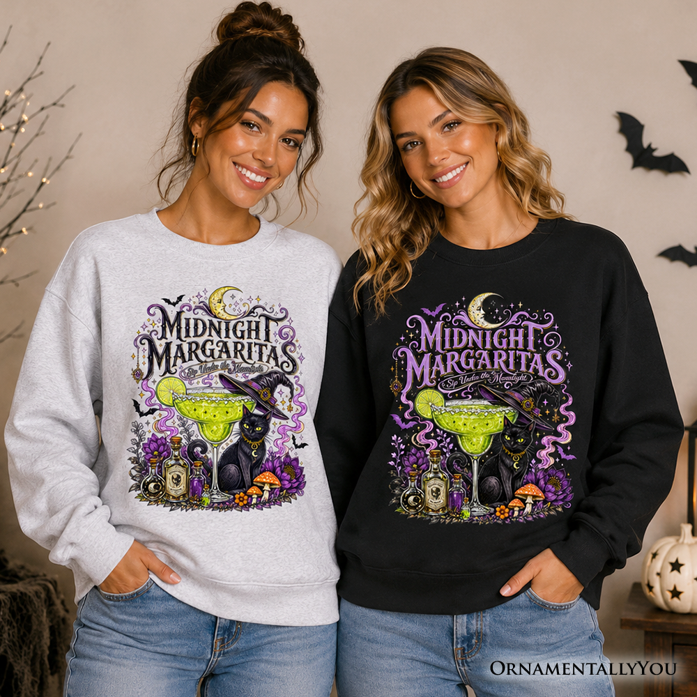 Midnight Margaritas Black Cat Halloween Sweatshirt, Witchy Cocktail Sweater for Spooky Season