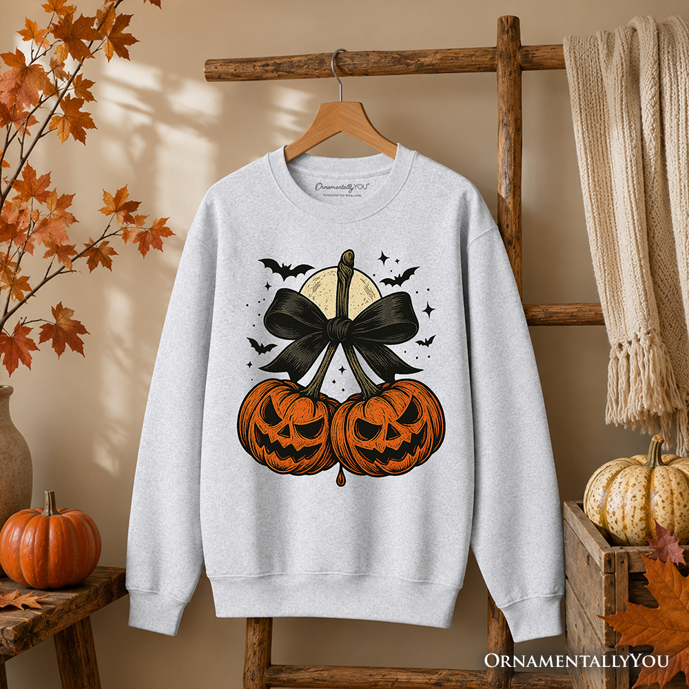 Pumpkin Cherries Coquette Bow Sweatshirt, Retro Halloween Fall Season Sweater for Sweet Autumn Girls