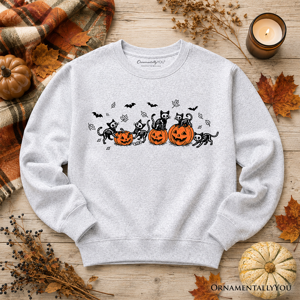 Skeleton Cats and Pumpkins Sweatshirt, Spooky Halloween Black Cat Sweater
