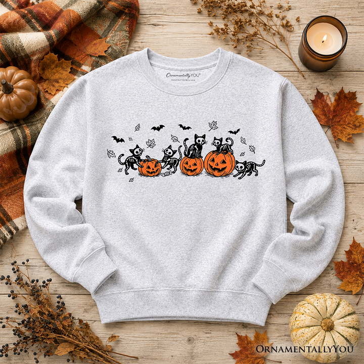 Skeleton Cats and Pumpkins Sweatshirt, Spooky Halloween Black Cat Sweater