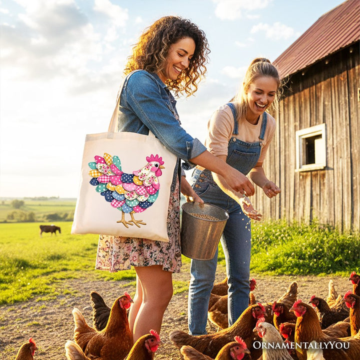 Floral Chicken Printed Faux Patchwork Tote Bag, Coquette Hen Farmhouse Gift Shopper Tote Bag OrnamentallyYou 