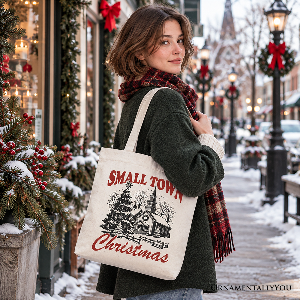 Small Town Christmas Vintage Tote Bag, Rustic Winter Church Gift Shopper