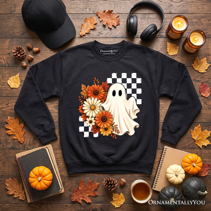 Checkered Floral Ghost Sweatshirt, Vintage Fall Halloween Daisy Sweater