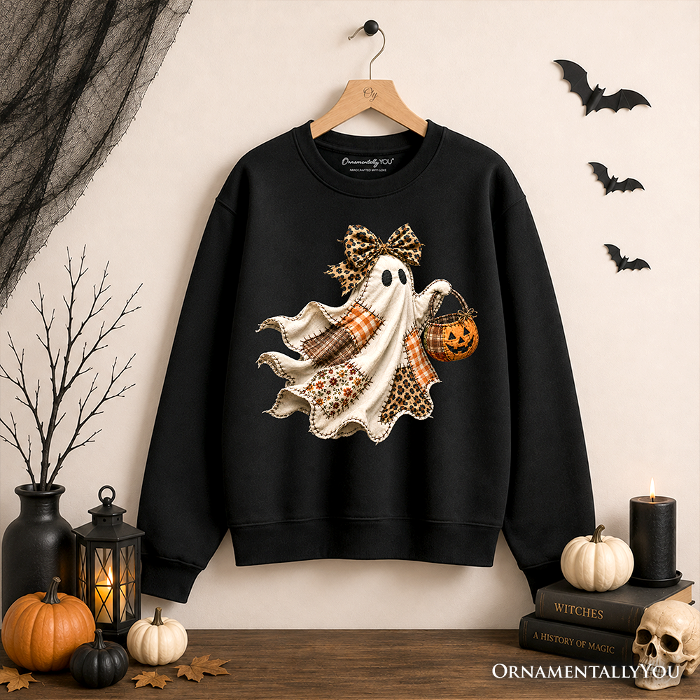 Ghost with Leopard Bow Imitation Patchwork Sweatshirt, Rustic Halloween Pumpkin Trick or Treat Sweater