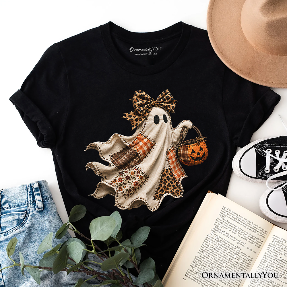 Patchwork Ghost with Leopard Bow T-Shirt, Rustic Halloween Pumpkin Trick or Treat Tee