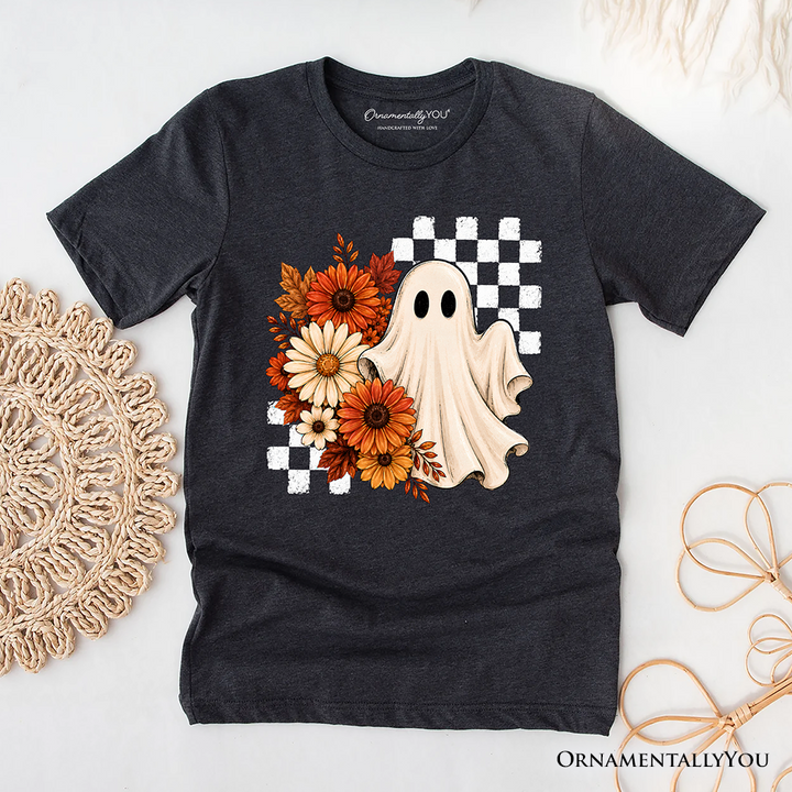 Checkered Floral Ghost T-Shirt, Vintage Fall Halloween Daisy Tee