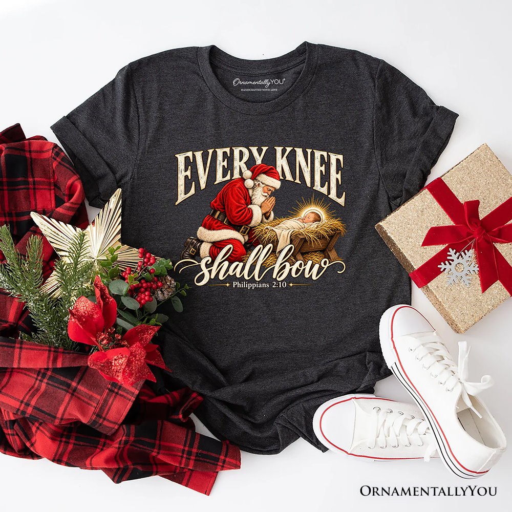 Every Knee Shall Bow Christmas Christian T-Shirt, Santa Nativity Faith Tee