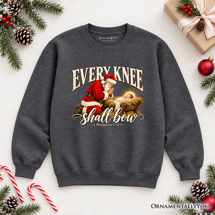 Every Knee Shall Bow Christmas Christian Sweatshirt, Santa Nativity Faith Sweater