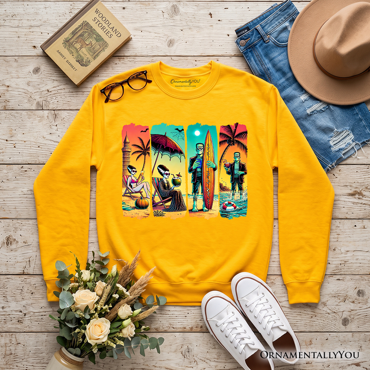 Frankenstein's Beach Vacation Sweatshirt, Retro Neon Surf Style Sweater for Horror Fans with Summer Vibes