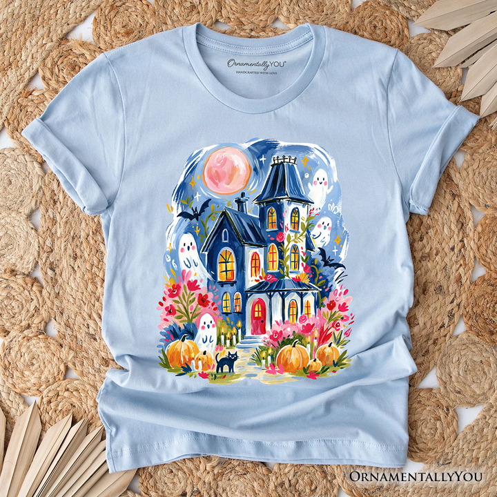 Watercolor Haunted House T-Shirt, Colorful Ghost Pumpkin Halloween Tee