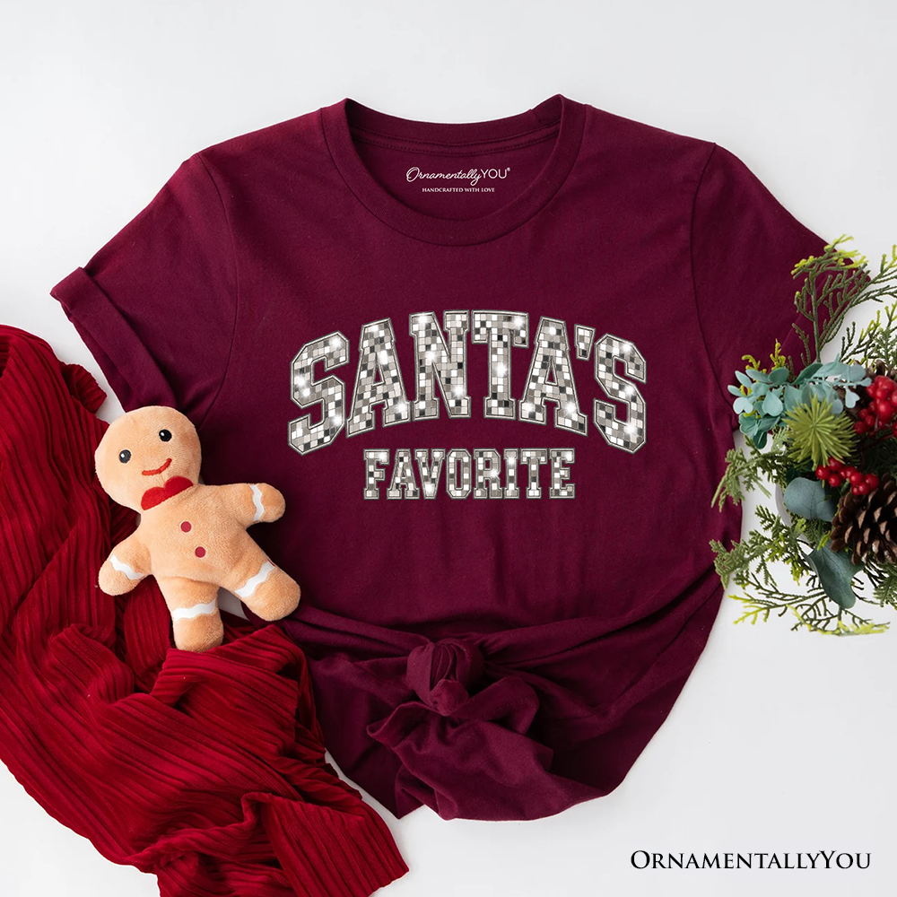 Santa’s Favorite Faux Mirrored Christmas T-Shirt, Disco Sparkle Holiday Tee