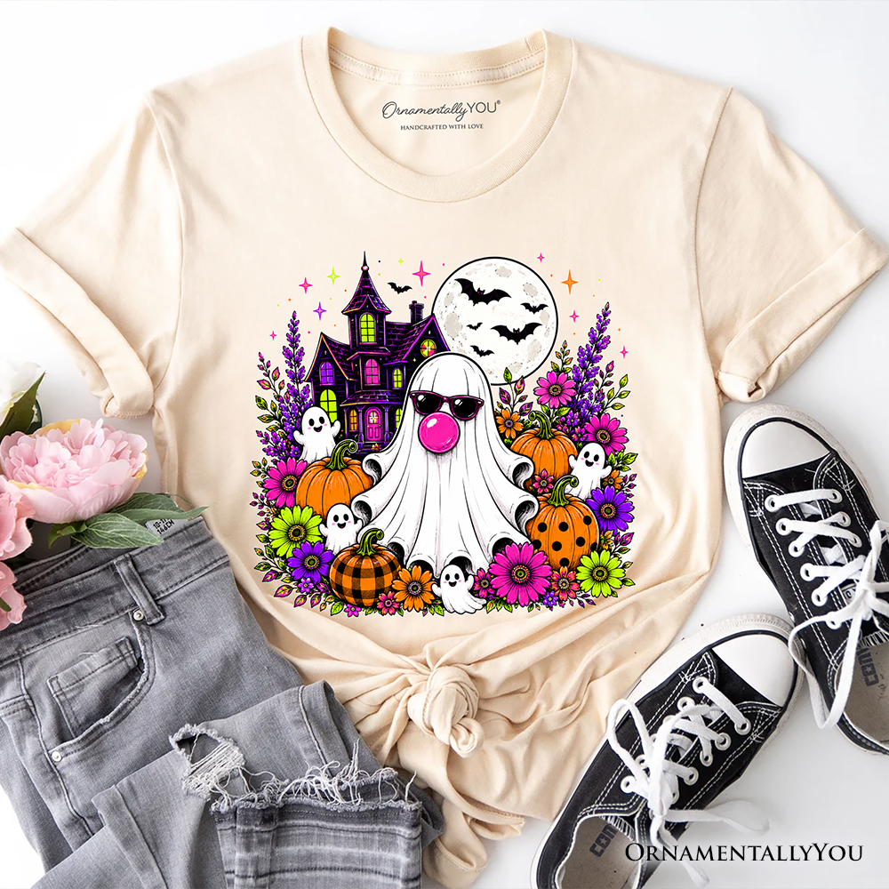 Bubblegum Ghost Haunted House T-Shirt, Colorful Floral Halloween Pumpkin Tee