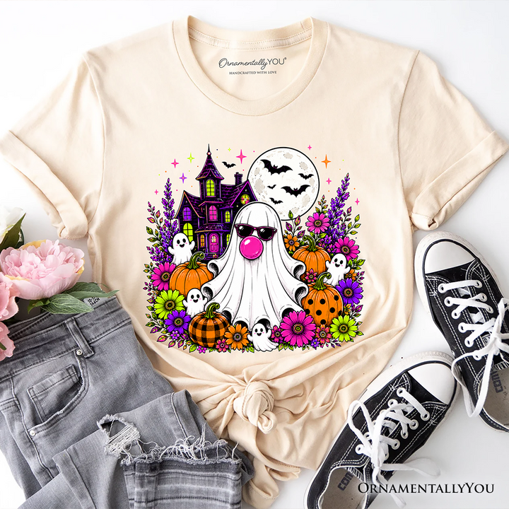 Bubblegum Ghost Haunted House T-Shirt, Colorful Floral Halloween Pumpkin Tee