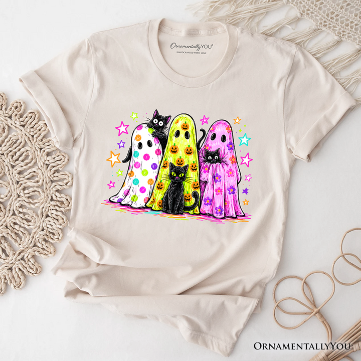 Colorful Ghosts and Black Cats T-Shirt, Neon Halloween Spooky Season Tee