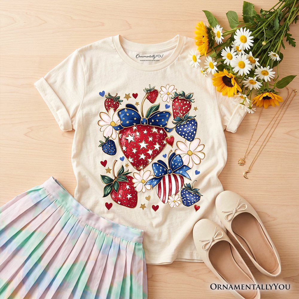 Kids Patriotic Boho Strawberries Bouquet T-Shirt, Youth 4th of July Festive Patch Tee Kid's T-Shirts OrnamentallyYou Natural XS 