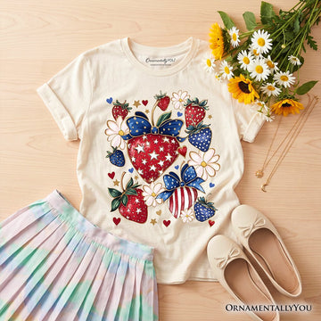 Kids Patriotic Boho Strawberries Bouquet T-Shirt, Youth 4th of July Festive Patch Tee Kid's T-Shirts OrnamentallyYou Natural XS 