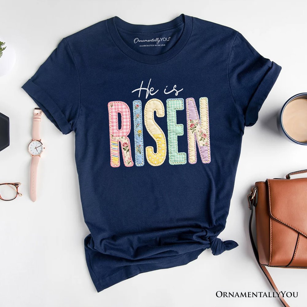 He Is Risen Printed Faux Embroidered Christian T-Shirt, Cute Religious Flowers Tee T-Shirts OrnamentallyYou Navy XS 