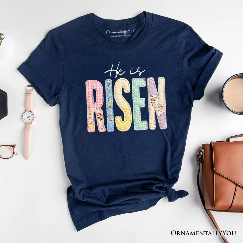 He Is Risen Printed Faux Embroidered Christian T-Shirt, Cute Religious Flowers Tee