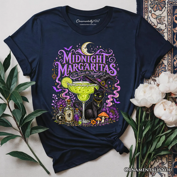 Midnight Margaritas Black Cat Halloween T-Shirt, Witchy Cocktail Tee for Spooky Season