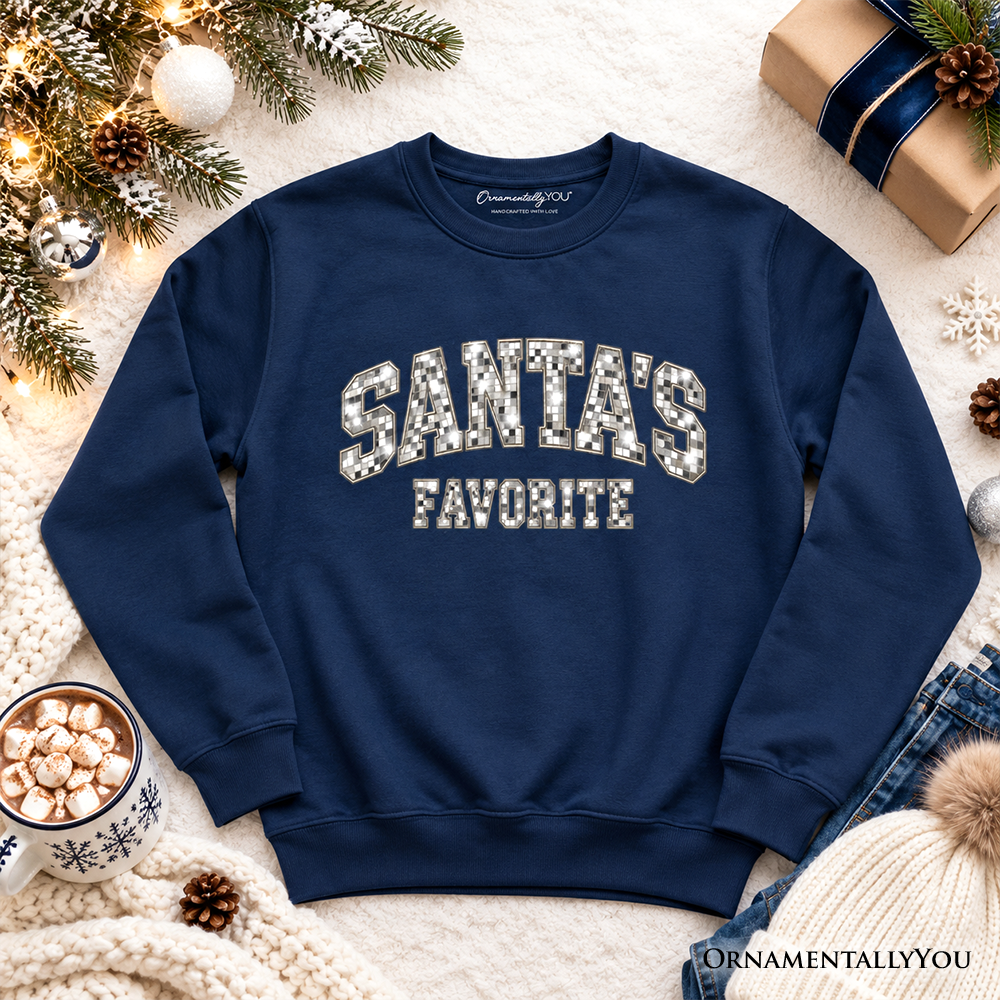 Santa's Favorite Faux Mirrored Christmas Sweatshirt, Disco Sparkle Holiday Sweater