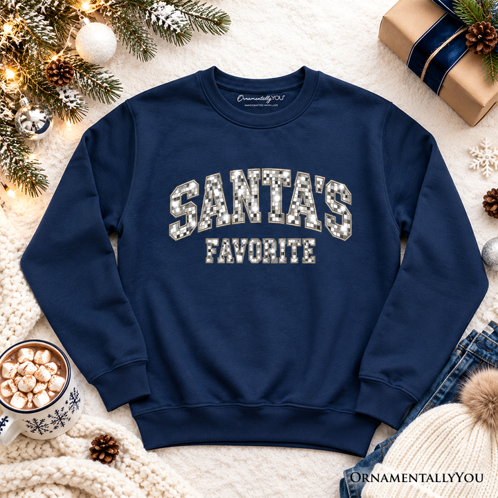 Santa's Favorite Faux Mirrored Christmas Sweatshirt, Disco Sparkle Holiday Sweater