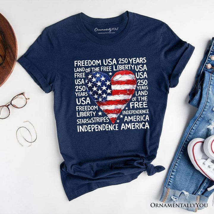 USA 250 Heart Patriotic T-Shirt, Retro 4th of July Tee T-Shirts OrnamentallyYou Navy XS 
