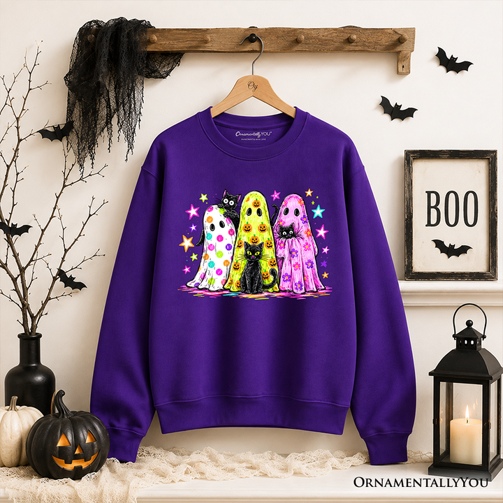 Colorful Ghosts and Black Cats Sweatshirt, Neon Halloween Spooky Season Sweater