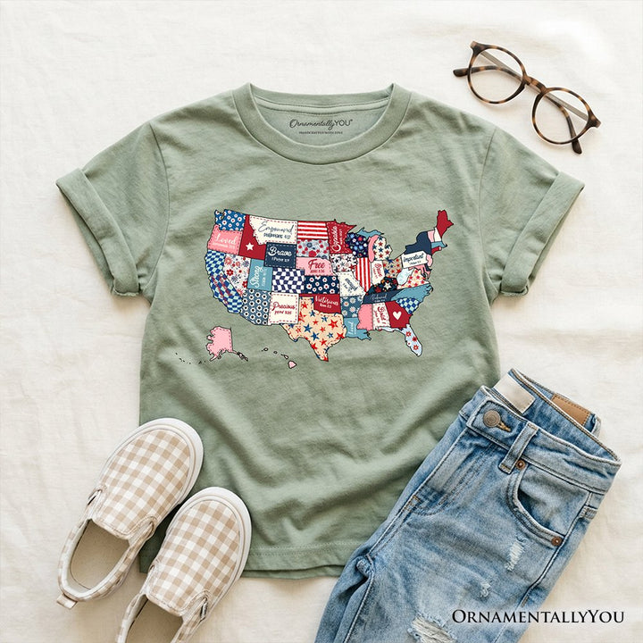 Kids Patriotic Patchwork USA T-Shirt, Quilted Map Youth Tee for American Fans Kid's T-Shirts OrnamentallyYou Sage XS 