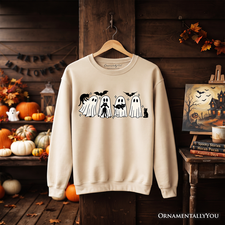 Ghosts and Cats Spooky Sweatshirt, Whimsical Halloween Sweater for Cozy Autumn Season