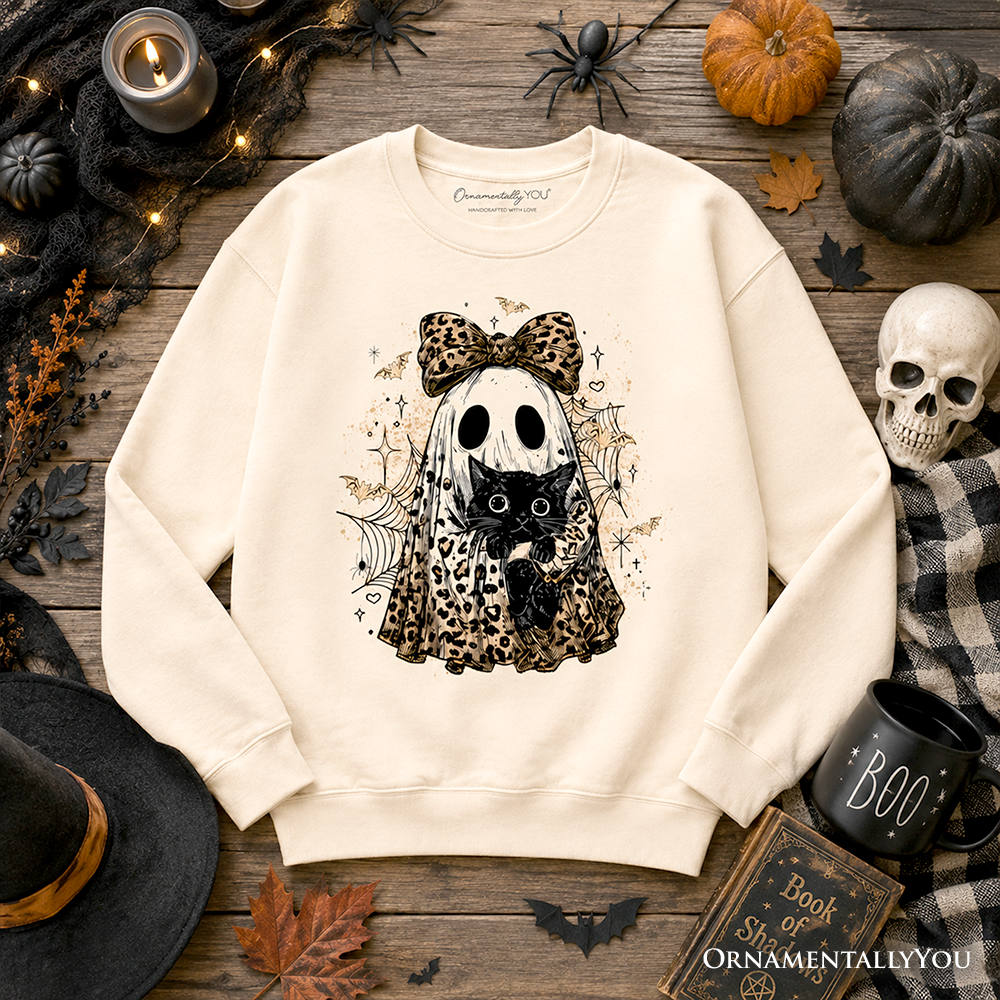 Leopard Bow Ghost with Black Cat Sweatshirt, Spooky Halloween Spider Web Sweater
