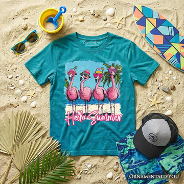Kids Flamingo Hello Summer T-Shirt, Tropical Beach Vacation Youth Tee Kid's T-Shirts OrnamentallyYou Tropical Blue XS 