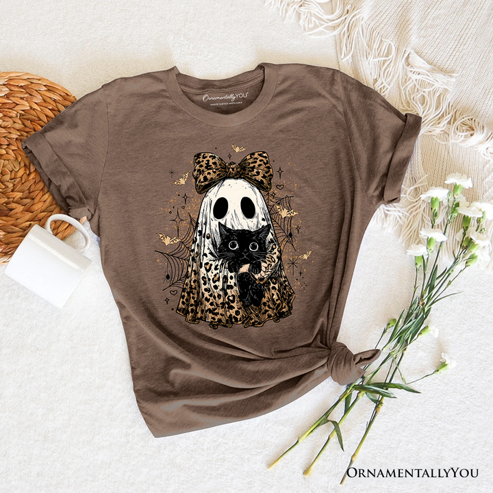Leopard Bow Ghost with Black Cat T-Shirt, Spooky Halloween Spider Web Tee