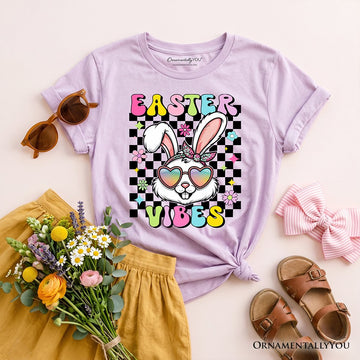 Kids Retro Easter Bunny Sunglasses T-Shirt, Groovy Youth Checkered Tee Kid's T-Shirts OrnamentallyYou Violet XS 