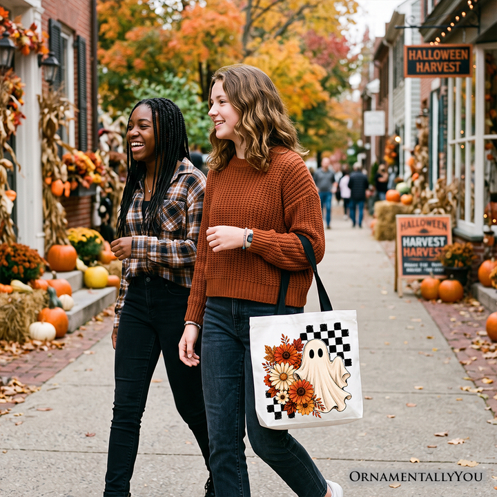 Checkered Floral Ghost Tote Bag, Vintage Fall Halloween Daisy Gift Shopper