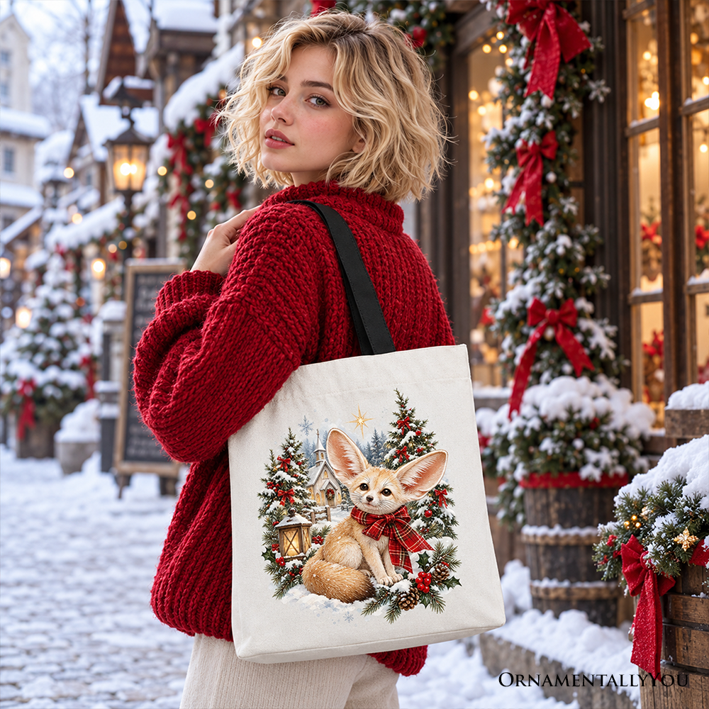 Church Fennec Fox Christmas Tote Bag, Winter Holiday Animal Gift Shopper