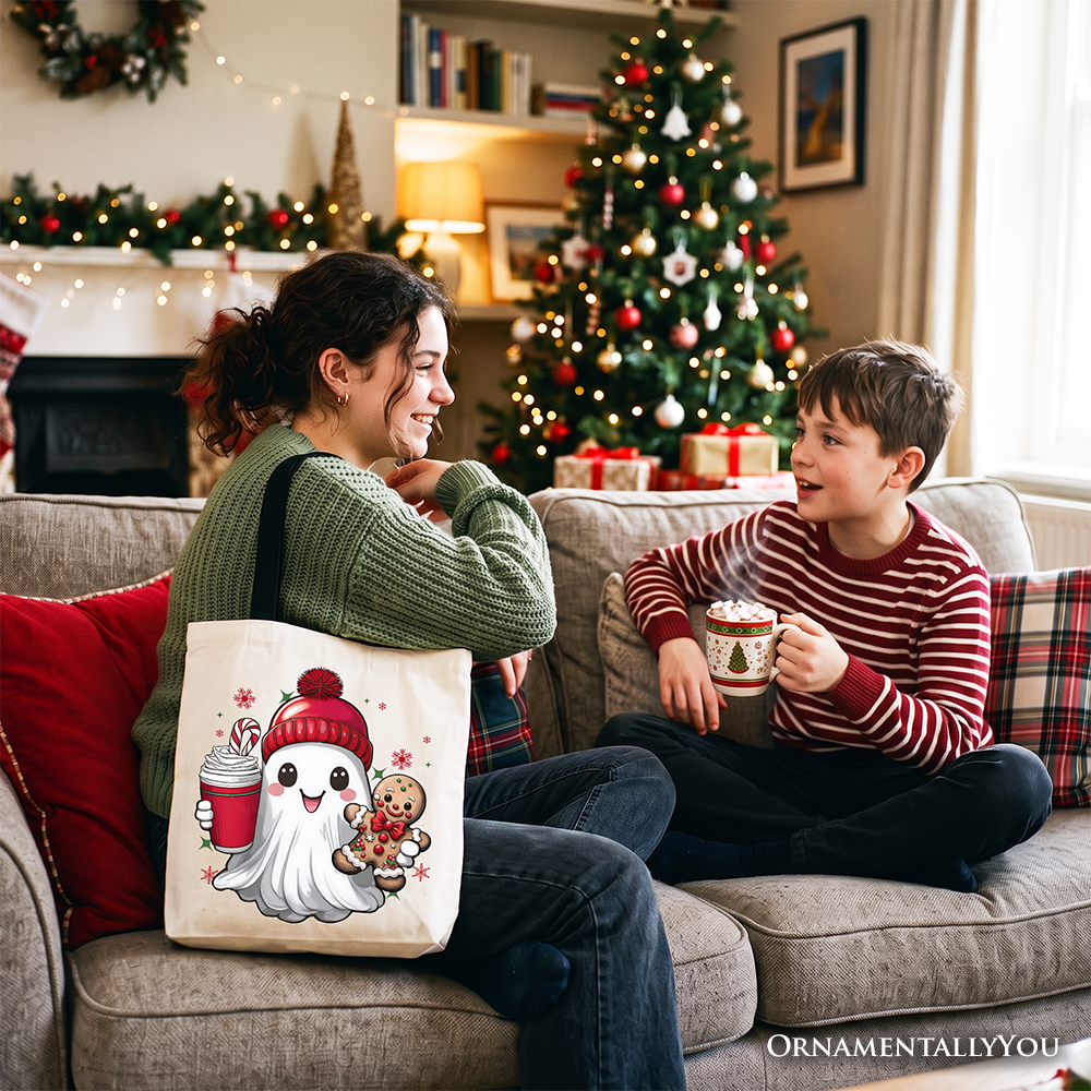 Cute Ghost Christmas Tote Bag, Adorable Gingerbread and Cocoa Holiday Gift Shopper