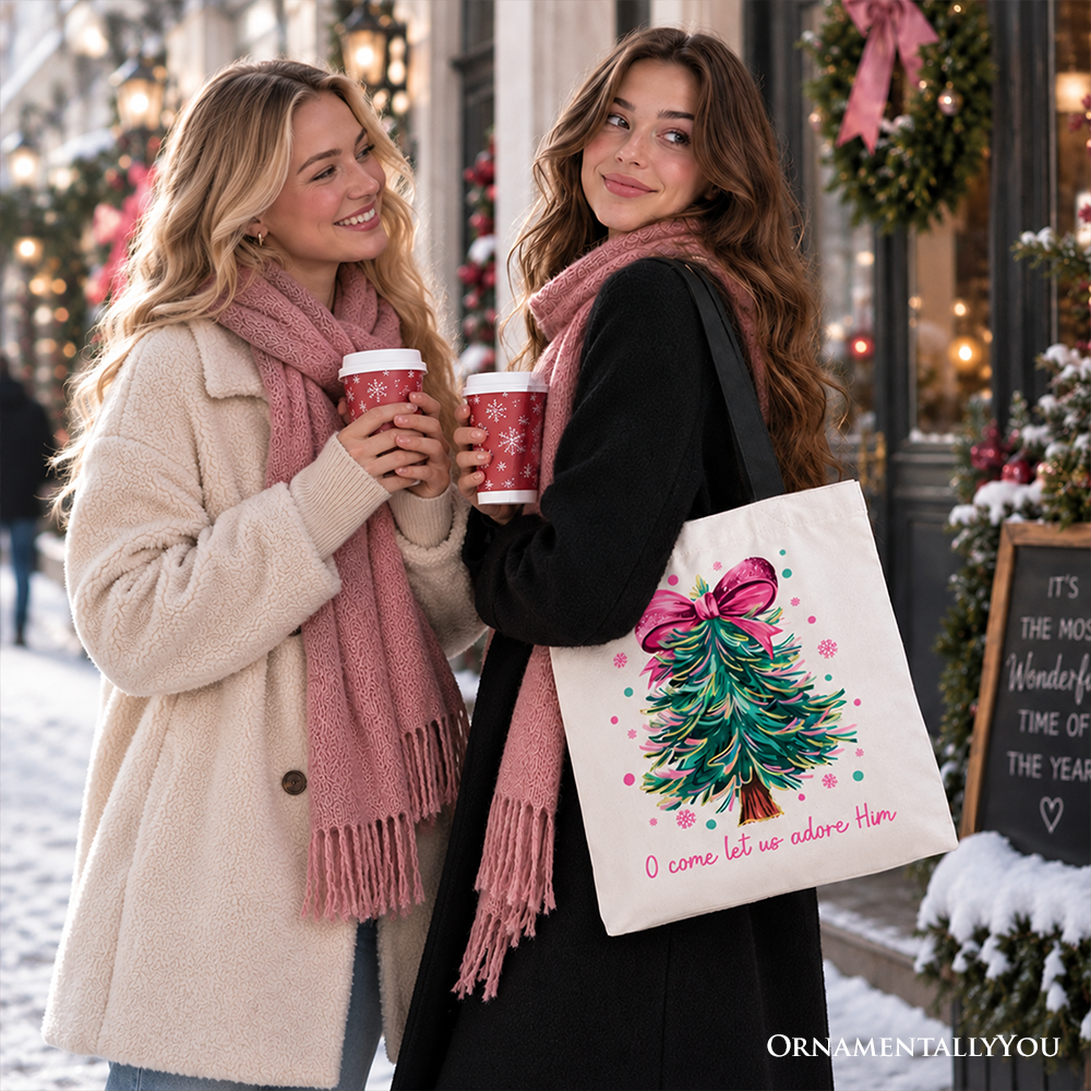 Glitter Christmas Tree Coquette Bow Tote Bag, O Come Let Us Adore Him Holiday Gift Shopper