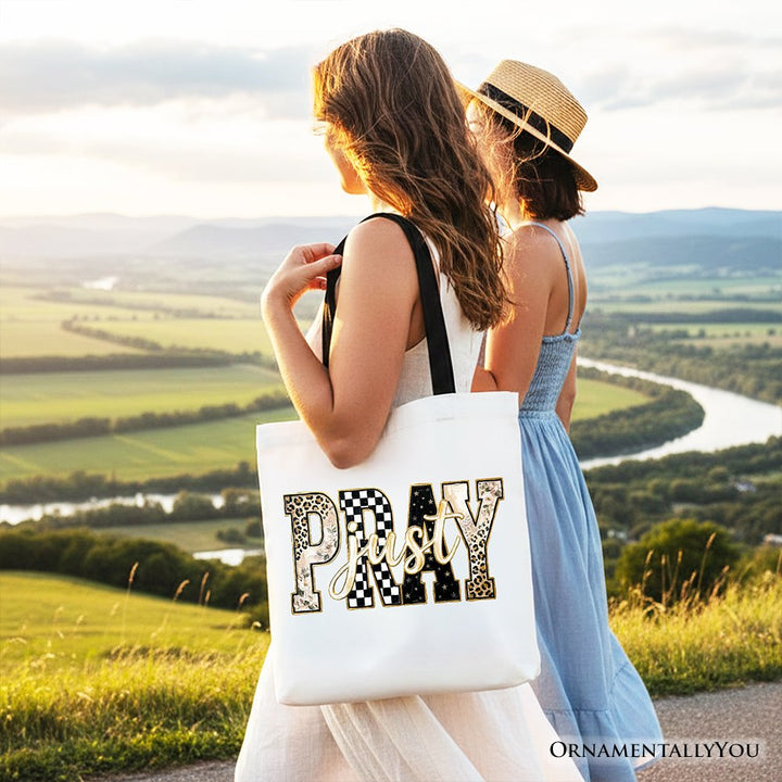 Just Pray Christian Varsity Tote Bag, Retro Leopard Checkered Faith Gift Shopper Tote Bag OrnamentallyYou 