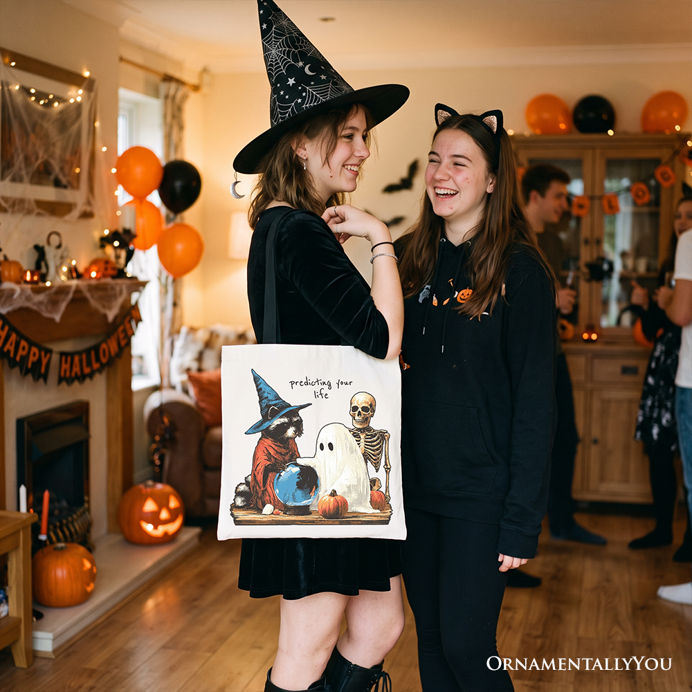 Predicting Your Life Witch Racoon Tote Bag, Vintage Halloween Ghost Skeleton Fortune Teller Gift Shopper