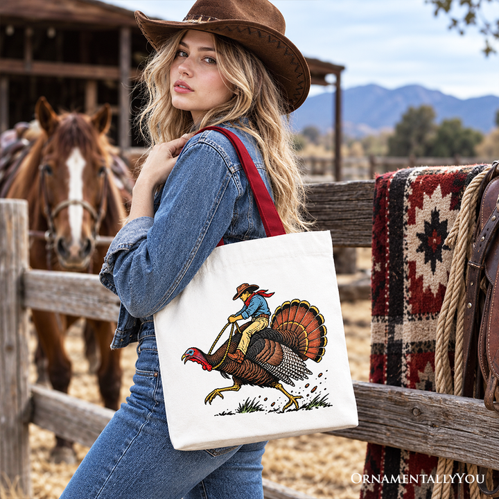 Turkey Rodeo Cowboy Thanksgiving Tote Bag, Funny Western Fall Gift Shopper