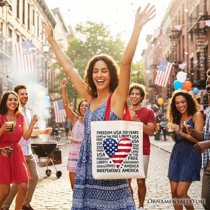 USA 250 Heart Patriotic Tote Bag, Retro 4th of July Gift Shopper Tote Bag OrnamentallyYou 