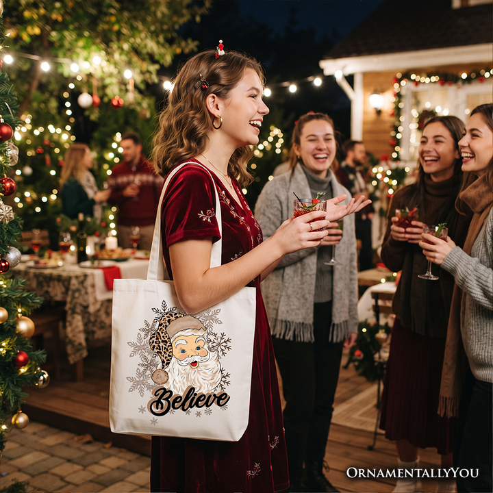 Believe Santa Cheetah Leopard Tote Bag, Retro Christmas Gift Shopper
